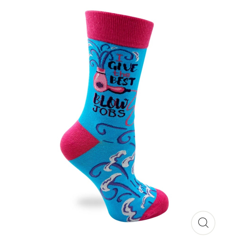 Fabdaz Funny Hairstylist Socks “I Give The Best Blow Jobs” Pink Blue NWT